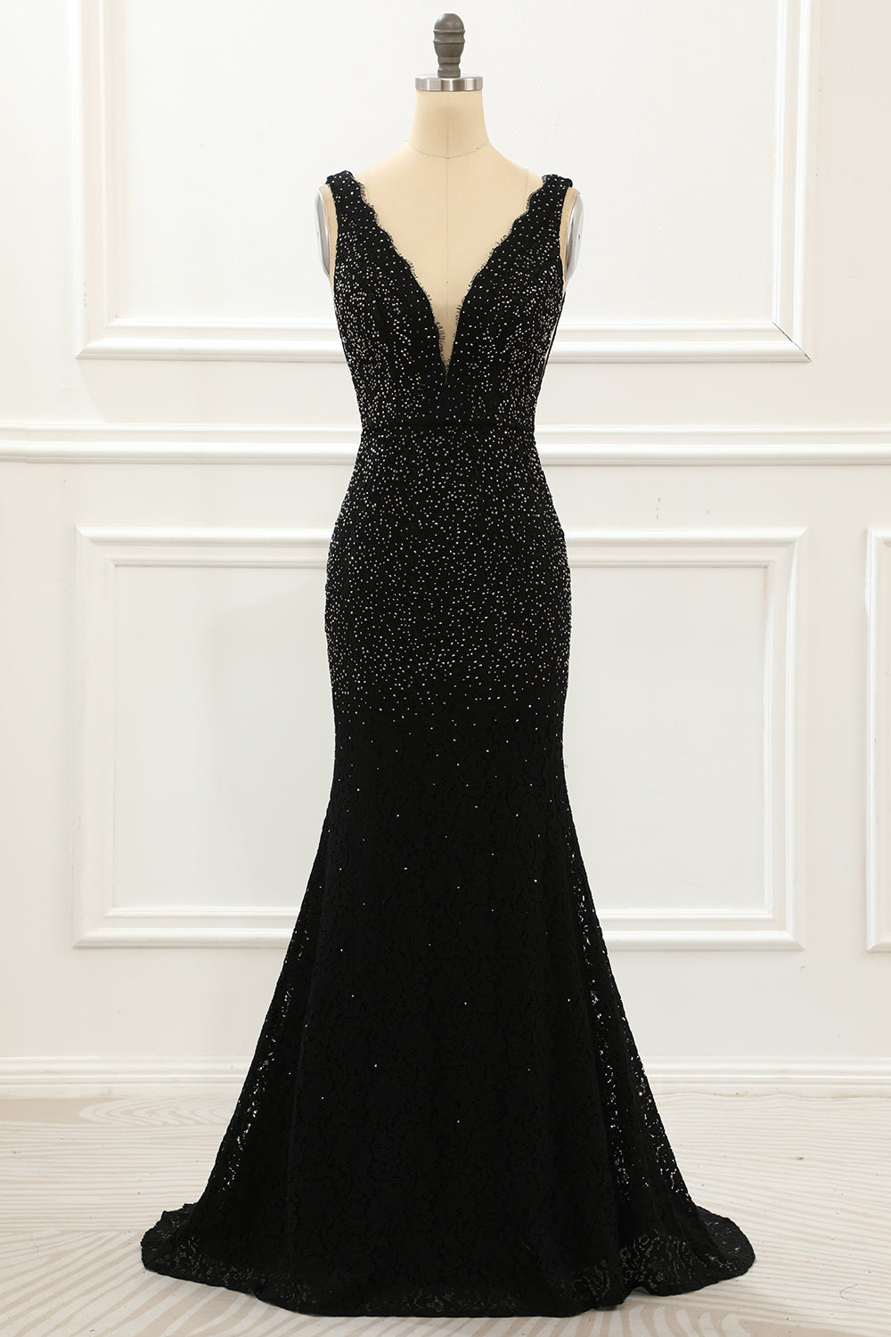 Luolandi Black Deep V Neck Lace Mermaid Prom Dress With Beading Sparkly Evening Dress